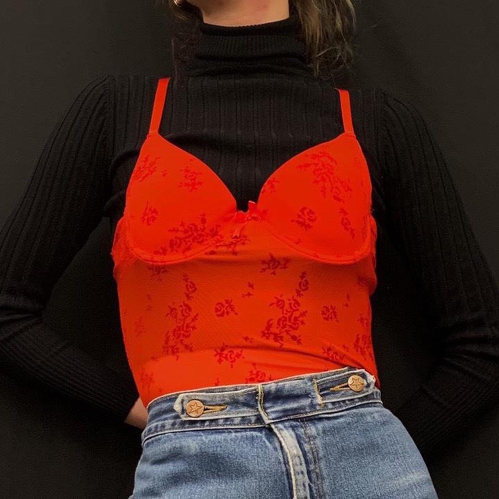 Red mesh glam goth femme fatale lingerie bra  babydoll with velour rose detail